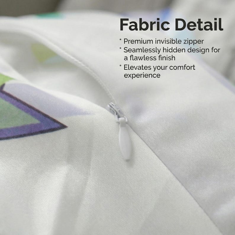 May include: A white fabric surface featuring a hidden zipper closure with a white pull tab. Text on the image reads: Fabric Detail, Premium invisible zipper, Seamlessly hidden design for a flawless finish, Elevates your comfort experience.