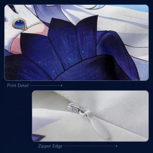 May include: A fabric item featuring a detailed anime-style print with dark blue petal-like shapes, a white garment section, and a blue gem accent. A second view shows a white hidden zipper closure integrated into the fabric with a white pull tab.