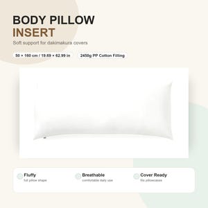 Puede incluir: Un cojín corporal rectangular blanco para fundas de dakimakura. Mide 50 x 160 cm y contiene 2450g de relleno de algodón PP. El cojín se describe como esponjoso, transpirable y listo para usar con fundas en el día a día.