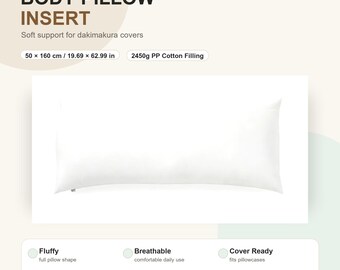 May include: A white rectangular body pillow insert for dakimakura covers. It measures 50 x 160 cm or 19.69 x 62.99 inches and contains 2450g of PP cotton filling. The pillow is described as fluffy, breathable, and cover ready for daily use.