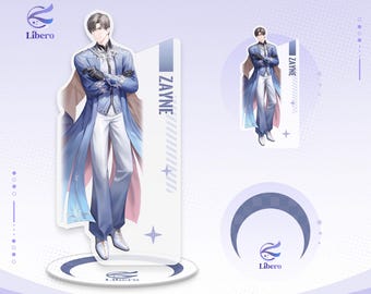 May include: An acrylic standee featuring a character named Zayne in a blue and white outfit with a long coat, white trousers, and black gloves. The standee includes a circular base with the Libero logo and a rectangular panel with the name ZAYNE.
