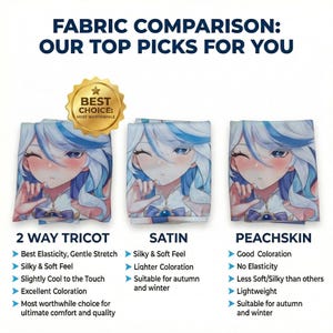 May include: Fabric comparison chart with three fabric samples featuring an anime character. The chart compares 2 Way Tricot, Satin, and Peachskin fabrics, highlighting their properties like elasticity, feel, and suitability for seasons.