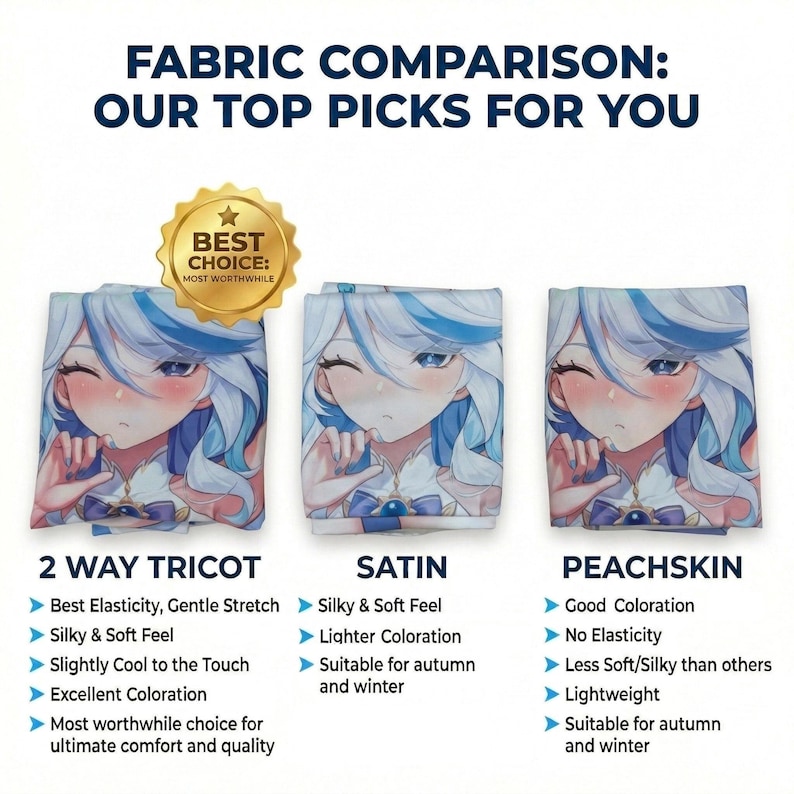 May include: Fabric comparison chart with three fabric samples featuring an anime character. The chart compares 2 Way Tricot, Satin, and Peachskin fabrics, highlighting their properties like elasticity, feel, and suitability for seasons.