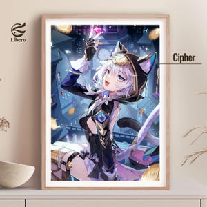 May include: A framed digital illustration featuring an anime-style character with white hair and cat ears, wearing a black and white outfit with gold accents. The character holds a glowing pink gem amidst floating gold coins in a city setting.