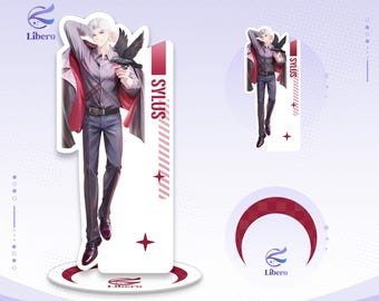 May include: An acrylic standee featuring a character named Sylus with white hair, wearing a grey button-down shirt, dark trousers, and a jacket draped over the shoulders. A black crow rests on the character's hand. The base is circular and red.