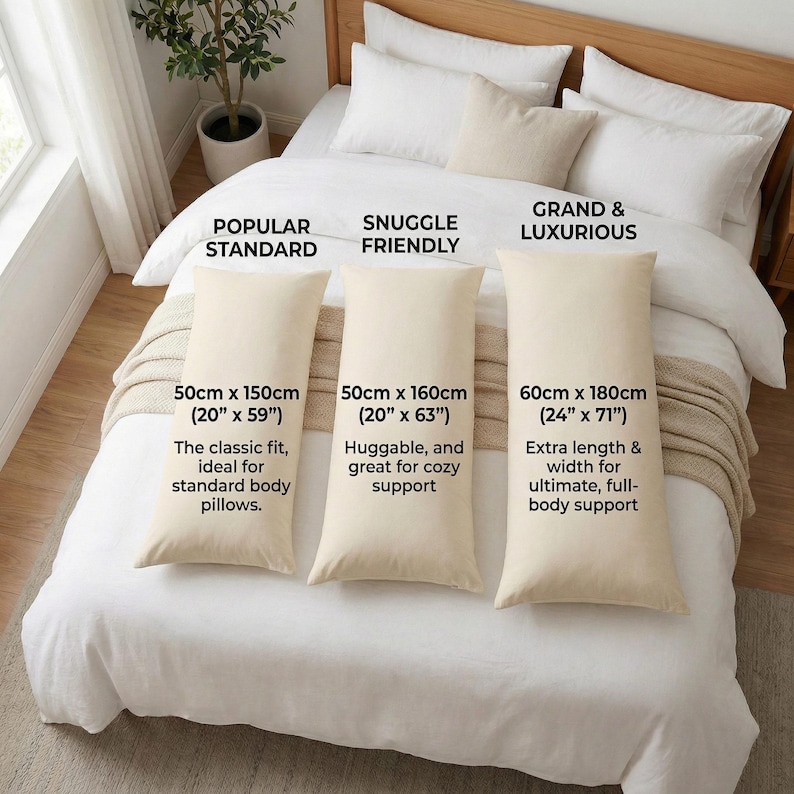 May include: Three beige body pillows on a bed, each with different dimensions and labeled: "Popular Standard" (20" x 59"), "Snuggle Friendly" (20" x 63"), and "Grand & Luxurious" (24" x 71"). The pillows are on a white bedspread.