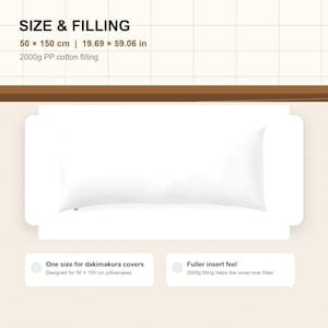 May include: A white rectangular body pillow with 2000g PP cotton filling. The text reads: SIZE & FILLING, 50 x 150 cm | 19.69 x 59.06 in, 2000g PP cotton filling, One size for dakimakura covers, Designed for 50 x 150 cm pillowcases, Fuller insert feel.