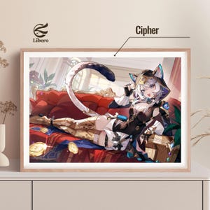 May include: A framed artwork featuring a character with cat-like features, wearing a dark outfit with gold accents, and a hood with blue cat ears. The character is reclining on a red sofa with gold coins scattered around. The word "Cipher" is above the image.