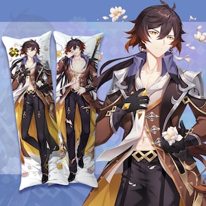 May include: A rectangular body pillowcase featuring a digital illustration of a brown-haired character with amber eyes, wearing a brown coat, black trousers, and a white shirt. The character is depicted in two poses, surrounded by white flower petals.