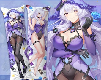 May include: A rectangular body pillow cover featuring a long-haired anime character with purple hair and eyes. The character wears a purple and black outfit with a hooded cape, holding a blue rose. Two full-body views are shown on the pillow.