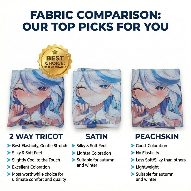 May include: A fabric comparison chart titled FABRIC COMPARISON: OUR TOP PICKS FOR YOU, featuring three swatches of an anime character with blue hair. The options are 2 Way Tricot, Satin, and Peachskin, each with a list of physical properties.