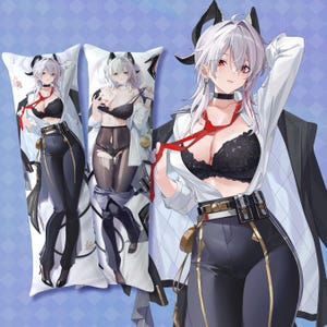 May include: Body pillow featuring an anime-style illustration of a character with white hair, red eyes, and black horns. The character is wearing a white shirt, black bra, and dark pants. The pillow has a white background with a floral pattern.