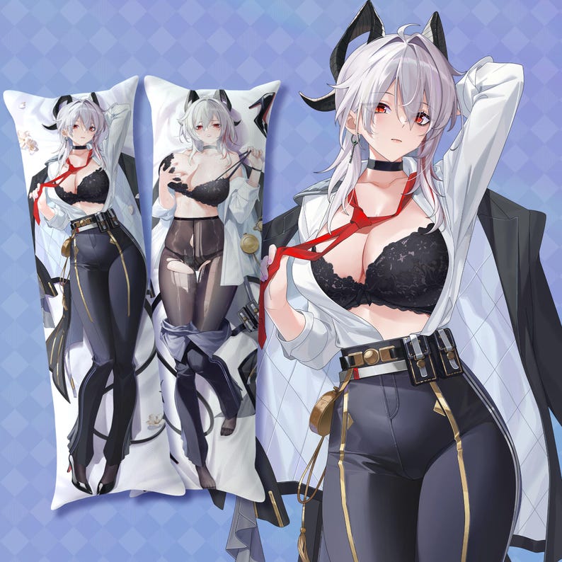 May include: Body pillow featuring an anime-style illustration of a character with white hair, red eyes, and black horns. The character is wearing a white shirt, black bra, and dark pants. The pillow has a white background with a floral pattern.