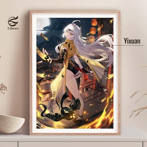 Op de afbeelding: Een ingelijste kunstdruk met een anime-stijl illustratie van een personage in een geel en zwart outfit met lang wit haar. Het kunstwerk is geplaatst tegen een achtergrond van een nachtelijk stadslandschap met lantaarns en vlammen. De tekst "Yixuan" is zichtbaar.