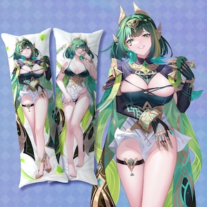 May include: A rectangular body pillow featuring a printed illustration of a character with green hair, wearing a dark green and white outfit with gold accents, including a strapless top, white shorts, and ornate arm and leg accessories.
