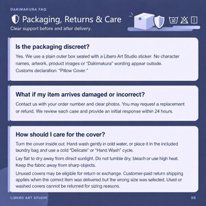 May include: An informational graphic titled Dakimakura FAQ: Packaging, Returns & Care. It features three sections detailing discreet packaging, damage resolution procedures, and care instructions for pillow covers, including washing and drying steps.