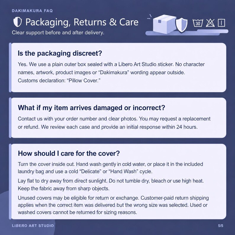 May include: An informational graphic titled Dakimakura FAQ: Packaging, Returns & Care. It features three sections detailing discreet packaging, damage resolution procedures, and care instructions for pillow covers, including washing and drying steps.