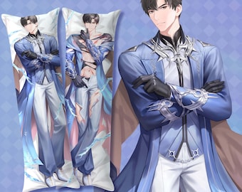 May include: A rectangular body pillow featuring a digital illustration of a dark-haired character wearing a blue and white coat with silver armor accents, black gloves, and white trousers, displayed in two different poses against a light blue background.