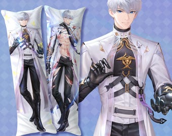 May include: A rectangular body pillow cover featuring a digital illustration of a silver-haired character with blue eyes, wearing a white coat, black trousers, and dark gloves. The character is depicted in two poses, one fully clothed and one with an open coat.