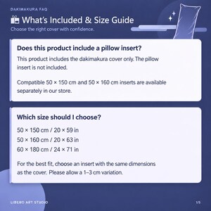 May include: A dark blue informational graphic titled Dakimakura FAQ: What's Included & Size Guide. It states the cover is sold without an insert, listing compatible sizes of 50x150 inches, 50x160 inches, and 60x180 inches, with a 1-3 inch variation note.