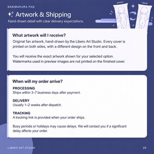 May include: An informational graphic titled Dakimakura FAQ Artwork & Shipping with text explaining hand-drawn fan artwork on double-sided covers. It includes sections on artwork details and order arrival times, featuring a small illustration of a pillow.