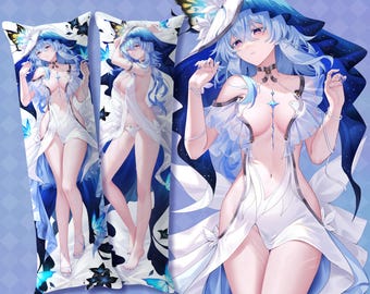 May include: A rectangular body pillow cover featuring an anime-style character with long light blue hair, wearing a white dress with ruffled accents and a dark blue hat adorned with a large yellow and black butterfly and white flowers.