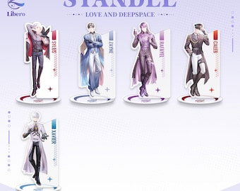 May include: Five acrylic standees from Love and Deepspace featuring characters Sylus, Zayne, Rafayel, Caleb, and Xavier. Each figure stands on a circular base with a vertical nameplate displaying the character's name and a unique color accent.