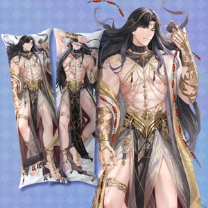 May include: A rectangular body pillowcase featuring a digital illustration of a long-haired character with dark hair, wearing gold jewelry, a black choker, and ornate gold arm cuffs. The character is dressed in sheer white and black fabric.