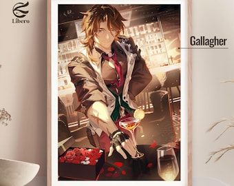 May include: A framed print featuring an anime-style illustration of a person in a bar setting. The person is holding a cocktail with a lemon garnish. A box of red roses and the name "Gallagher" are also visible.