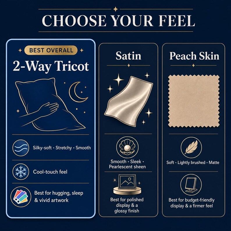 May include: A dark blue infographic titled CHOOSE YOUR FEEL comparing three fabric types: 2-Way Tricot, Satin, and Peach Skin. It lists features like silky-soft, stretchy, smooth, cool-touch, pearlescent sheen, and matte for each material type.