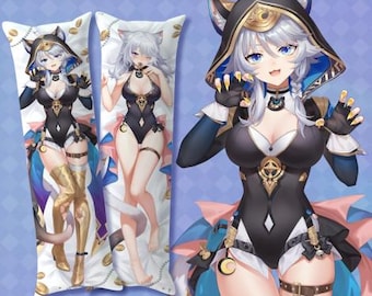 May include: Two rectangular body pillows featuring a printed anime-style character with silver hair, cat ears, and a black bodysuit. The character wears a dark hooded cloak with blue accents, gold thigh-high boots, and gold jewelry against a white background.