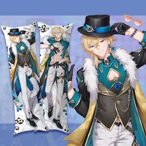 May include: A rectangular body pillowcase featuring a blonde anime character wearing a black top hat with a blue band, a teal and black vest, white trousers, and a white fur-trimmed coat. The character is depicted in two poses with playing card motifs.