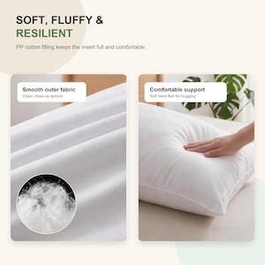 May include: A white rectangular pillow featuring a smooth outer fabric and PP cotton filling. The image includes text stating SOFT, FLUFFY & RESILIENT, PP cotton filling keeps the insert full and comfortable, Smooth outer fabric, and Comfortable support.