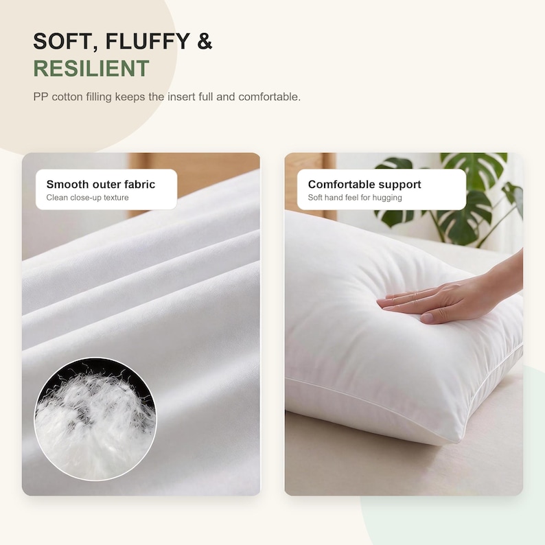 May include: A white rectangular pillow featuring a smooth outer fabric and PP cotton filling. The image includes text stating SOFT, FLUFFY & RESILIENT, PP cotton filling keeps the insert full and comfortable, Smooth outer fabric, and Comfortable support.