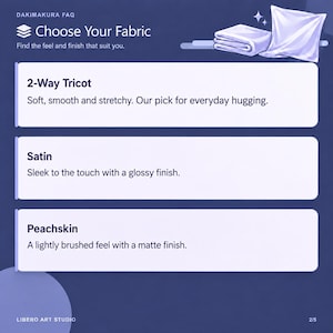 May include: An informational graphic titled Dakimakura FAQ Choose Your Fabric with three options: 2-Way Tricot described as soft, smooth and stretchy; Satin described as sleek with a glossy finish; and Peachskin described as lightly brushed with a matte finish.