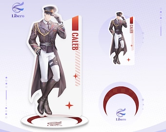May include: An acrylic standee featuring an anime-style character named Caleb in a dark military-inspired uniform with a long coat, white trousers, and tall boots. The set includes a circular base with a red crescent design and the Libero Art Studio logo.