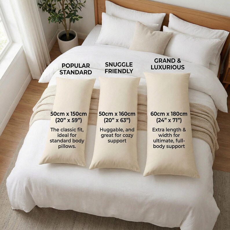 May include: Three cream-colored rectangular body pillows displayed on a white bed. The pillows are labeled with sizes: 50 inches by 150 inches (20 inches by 59 inches), 50 inches by 160 inches (20 inches by 63 inches), and 60 inches by 180 inches (24 inches by 71 inches).