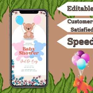Teddy Bear Baby Shower, Digital, Baby Shower Gender Neutral, Editable Invitation