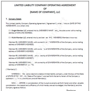 Puede incluir: Un documento legal titulado "Acuerdo de Operación de Sociedad de Responsabilidad Limitada" con el texto "{NAME OF COMPANY}, LLC" en la parte superior de la página. El documento describe los detalles de una sociedad de responsabilidad limitada de un solo miembro o de varios miembros.