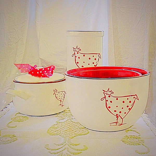 Cute vintage kitchen accessory set with teapot. Five total pieces, they are cream color ceramic with a whimsical red polka dot hen.