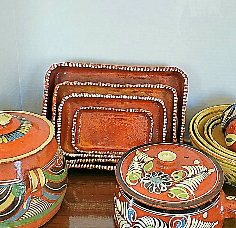 Mexican Folk Art Pottery Red Clay Base W Vibrant Hand Paint Colors Set