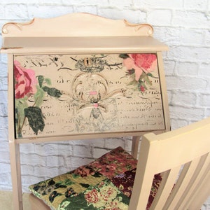 Vintage Queen Bee petite writing desk with &quot;drop down&quot; front style and matching chair and cushion.