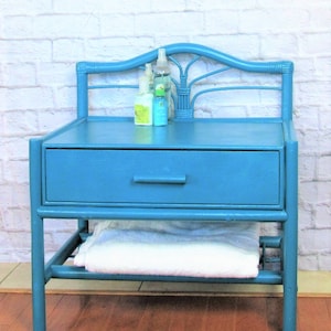 Sea Blue Enamel Bamboo Side Table with Drawer & Shelf