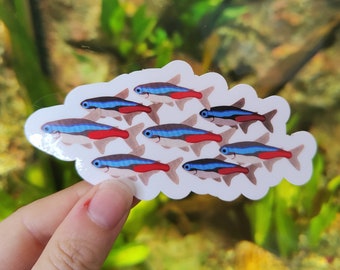 Pegatinas de cardumen de tetras neón / Peces tropicales dibujados a mano, decoración acuática