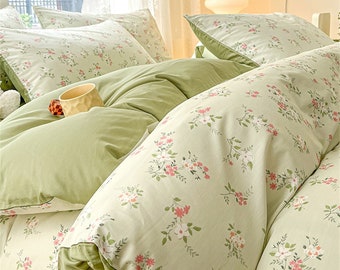 Fresh Rustic Floral Duvet Cover Set,Green Floral Duvet Cover Size Twin/Full/Queen,Cotton Duvet Cover,Green Floral Pillowcases,Home Gifts