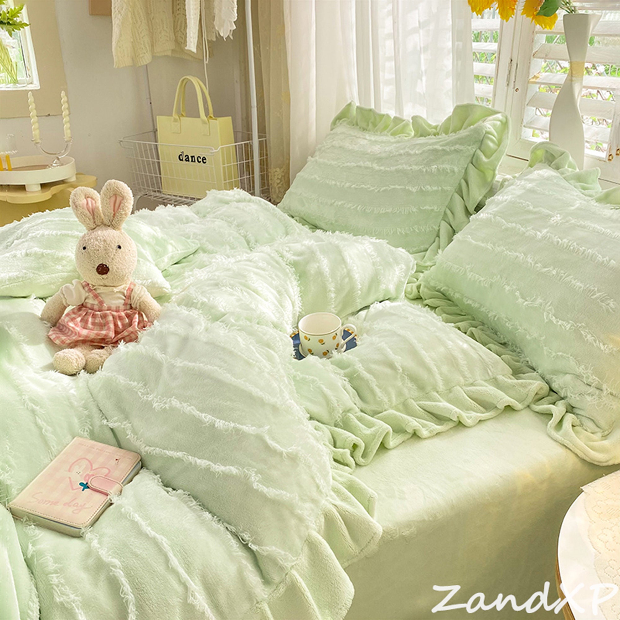 Green/pink/blue/yellow/gray Duvet Cover Set Ruffle Duvet Cover Warm