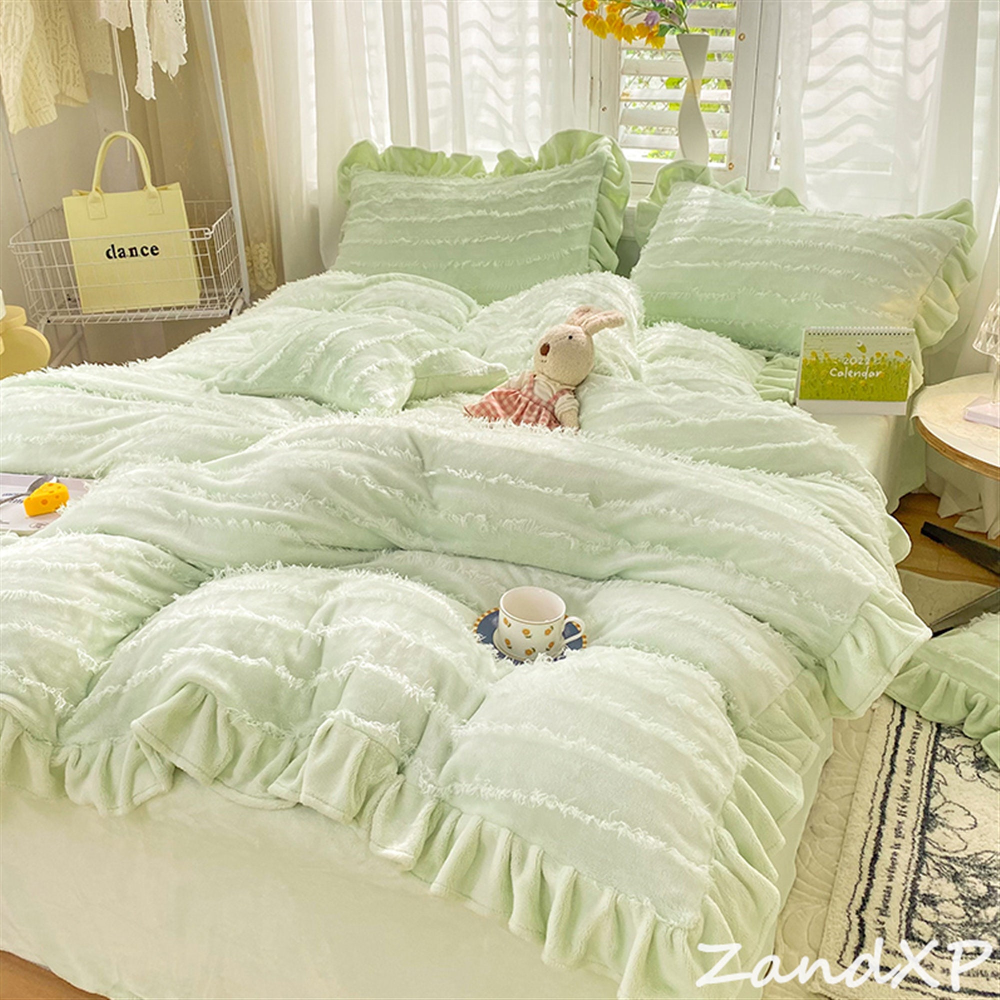Green/pink/blue/yellow/gray Duvet Cover Set Ruffle Duvet Cover Warm