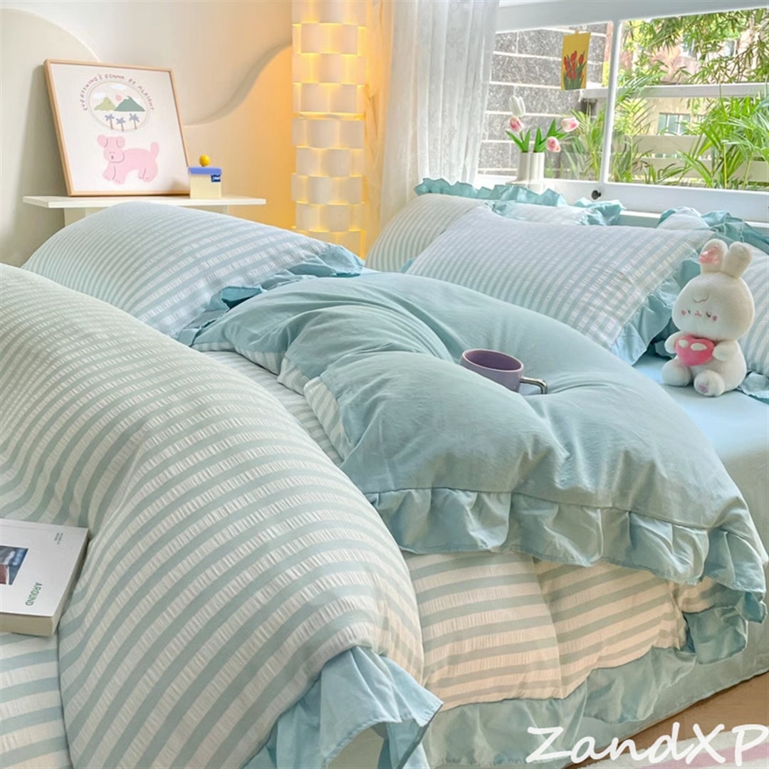 Light Blue Striped Duvet Cover Ruffle Comforter Cover With - Etsy