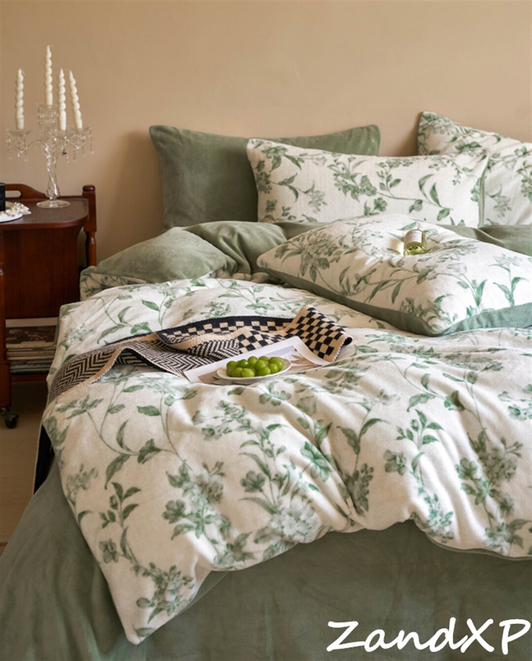 Green White Duvet Cover Warm Velvet Bedding Green Flower Duvet Cover