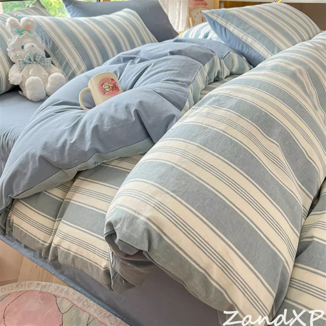 Blue Striped Duvet Cover Comforter Cover With Pillowcases Etsy